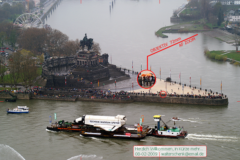  Koblenz, Blick von der Festung Ehrenbreitstein auf das Deutsche Eck mit der russischen Weltraumf�hre Buran auf dem Weg zum Technikmuseum in Spreyer - 2008 